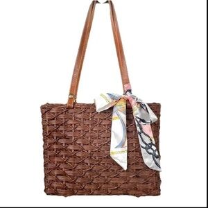 Patricia Nash Brown Woven Tote Bag with Scarf Accent & Added Crossbody strap